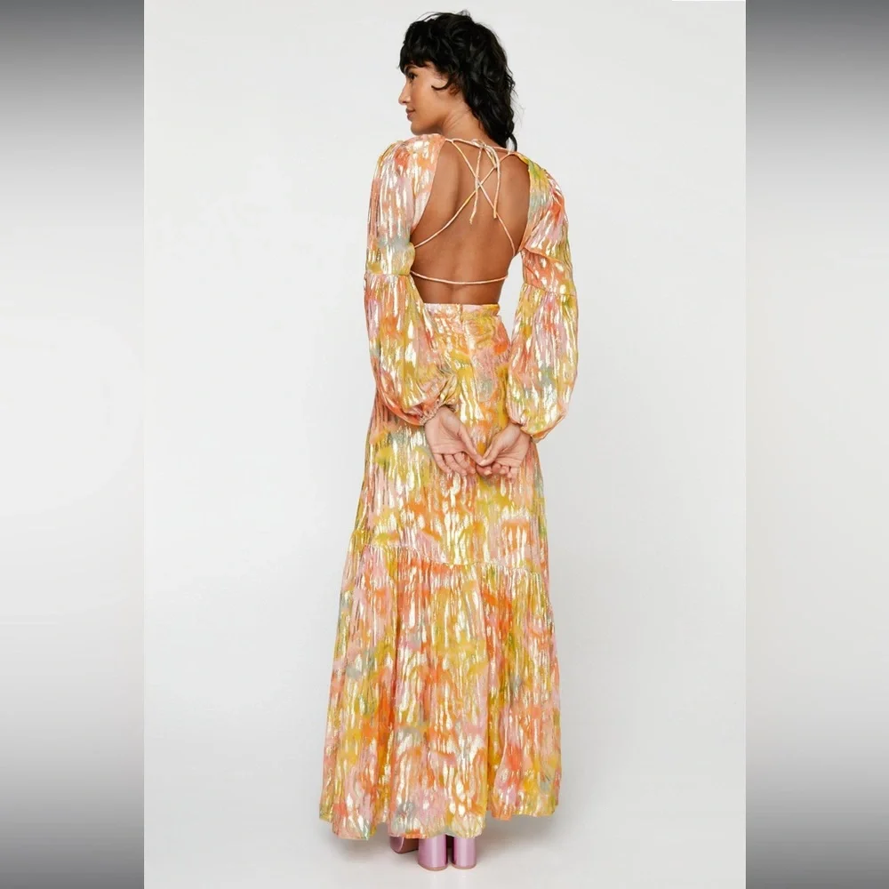 Metallic Blurred Floral Open Back Maxi Dress - Picture 3 of 4